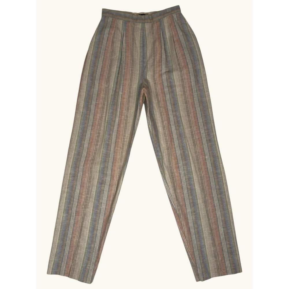 Lord Isaacs Vintage High Waisted Striped Pleated Tapered Trousers Tan Blue 28"